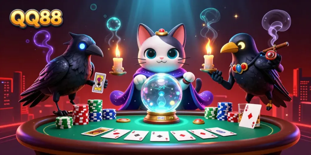 Engage with QQ88's vibrant 3D casino scene featuring mystical characters and poker elements.