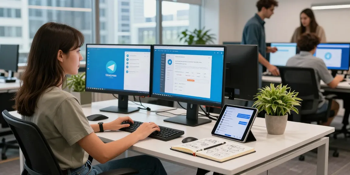 Using Telegram Web Version in a modern tech workspace with multiple screens and vibrant atmosphere.