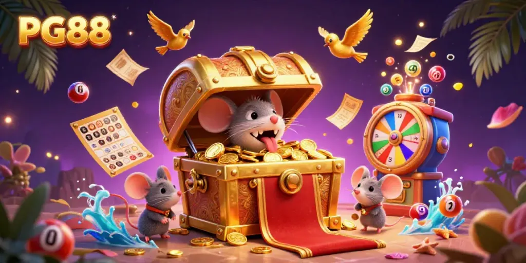 Engage with PG88's vibrant lottery experience featuring a treasure chest, energetic mice, and dynamic game elements.