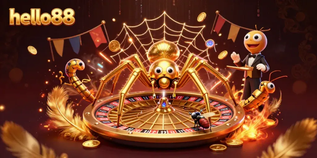 Engage with the thrilling atmosphere of hello88 as a spider and fly encapsulate a vibrant roulette-themed betting scene.