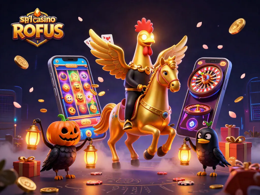 Engage in spil casino uden om ROFUS with a vibrant casino scene featuring unique 3D characters.