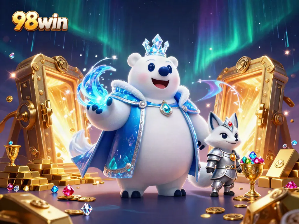 Spin and win with 98win's explosive treasure scene featuring a polar bear king and jewels.