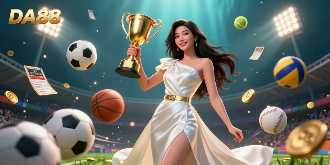 Betting on DA88 sports experiences with a confident Asian woman holding a trophy amidst dynamic gaming elements.