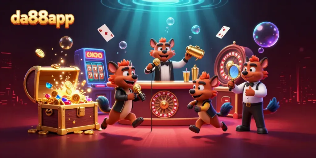 Experience the thrill of da88app with hyena characters in a vibrant casino scene, laughing and enjoying games.