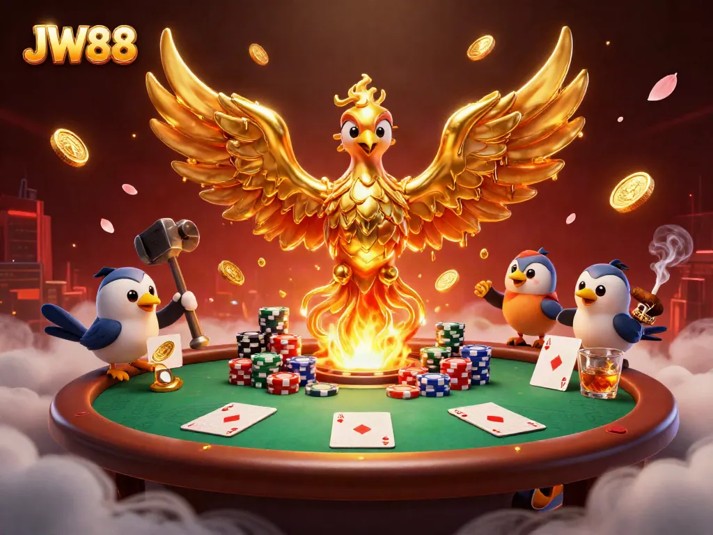 Experience the dynamic gaming atmosphere of JW88 with a molten phoenix and poker elements.