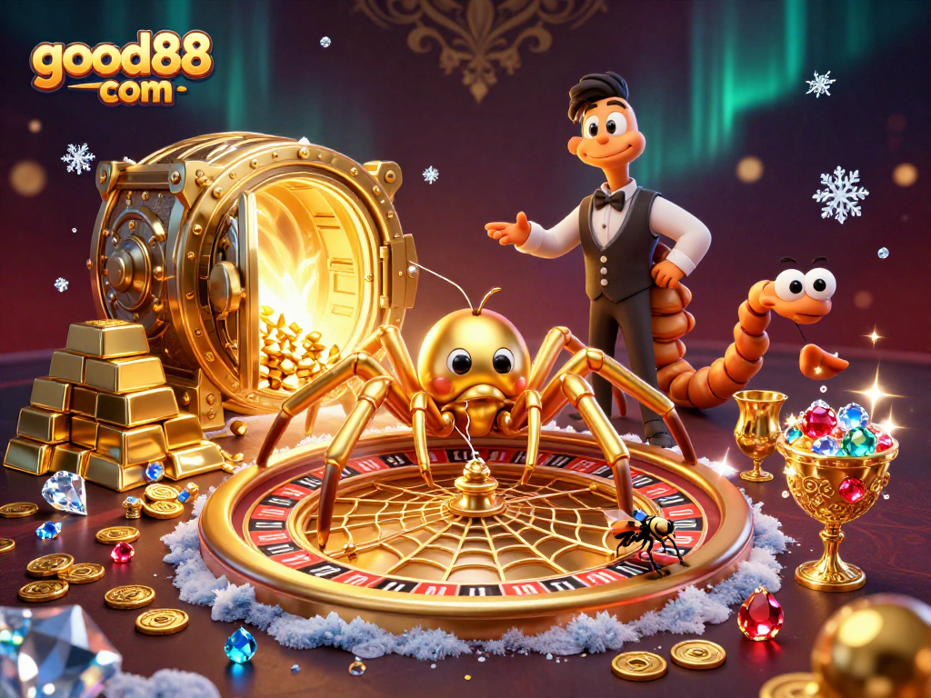 Engaging in thrilling bets with good88 com at a vibrant casino-themed illustration featuring unique characters.