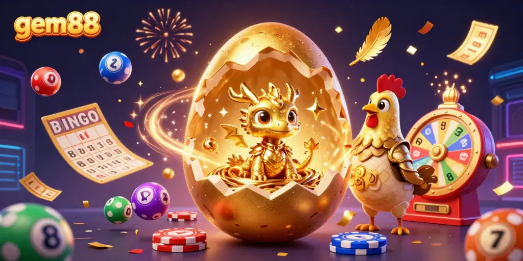 Experience the excitement at gem88 with a golden dragon amidst vibrant casino elements.