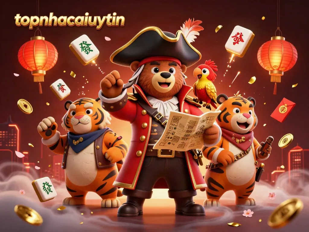 Engage with topnhacaiuytin in a vibrant, action-packed online casino scene featuring unique characters.