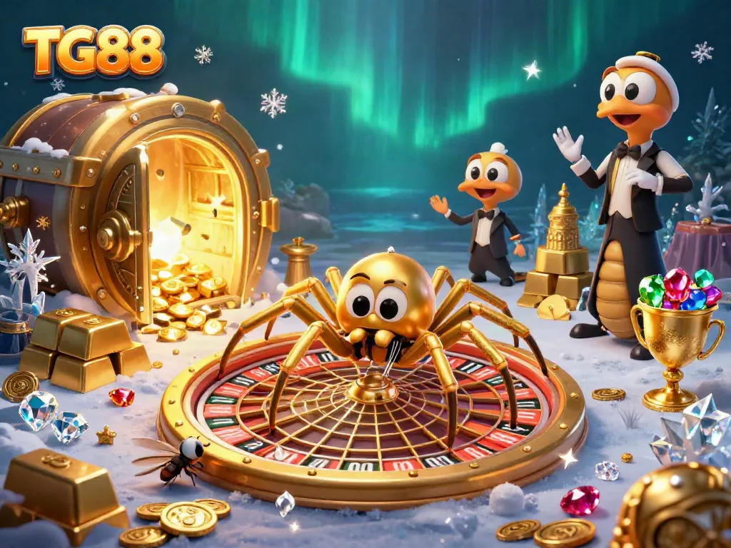 Experience TG88 with a golden spider spinning a roulette web and a centipede croupier, set in a vibrant casino scene