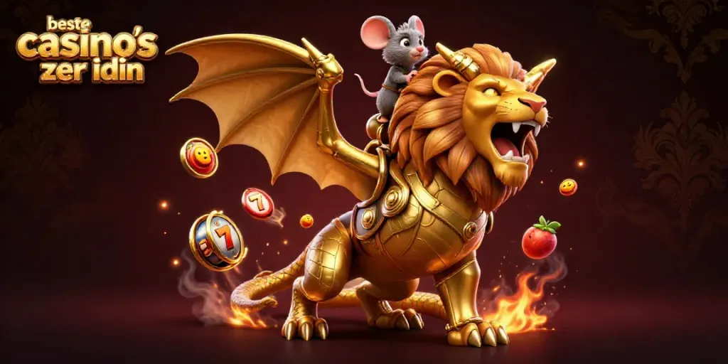 Engage with the beste casino's zonder idin in this thrilling 3D illustration showcasing a chimera and dynamic gaming elements.