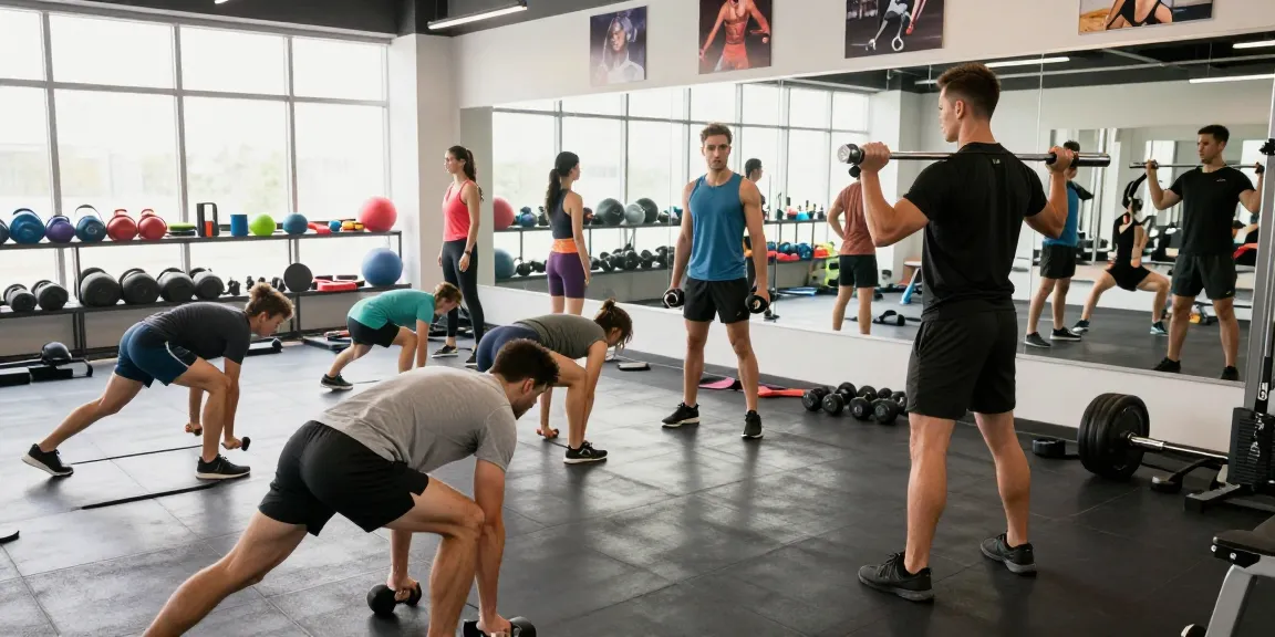 Prime Pharma Steroïden Winkel: Actieve fitnessgroep in een moderne sportschool tijdens een energieke training met focus op techniek.