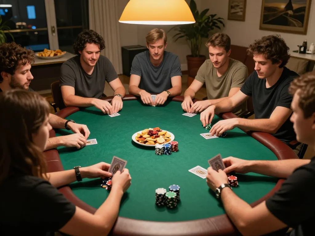 Say88 players engaging in an intense home poker game, showcasing strategy and social interaction.