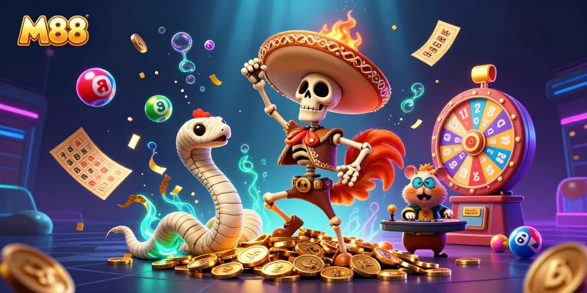 M88 offers thrilling gaming with a vibrant victory scene showcasing colorful lottery elements and dynamic characters.