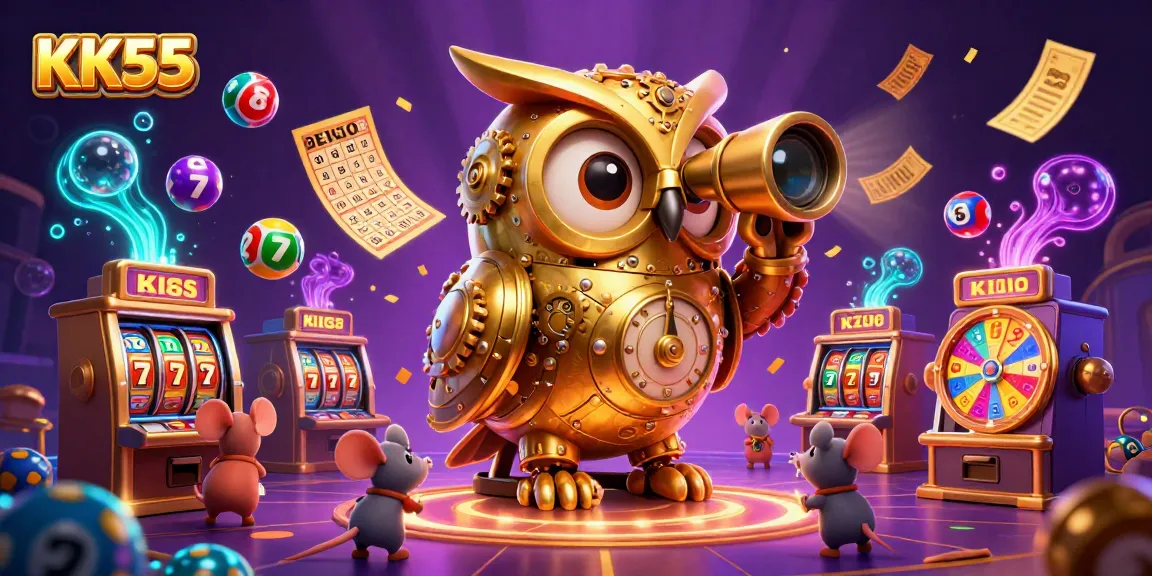 Engage with KK55's vibrant slots experience featuring a golden owl and dynamic, colorful elements.
