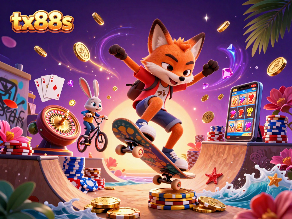 Win big with tx88s as a skateboarder fox and BMX rabbit showcase epic casino tricks.