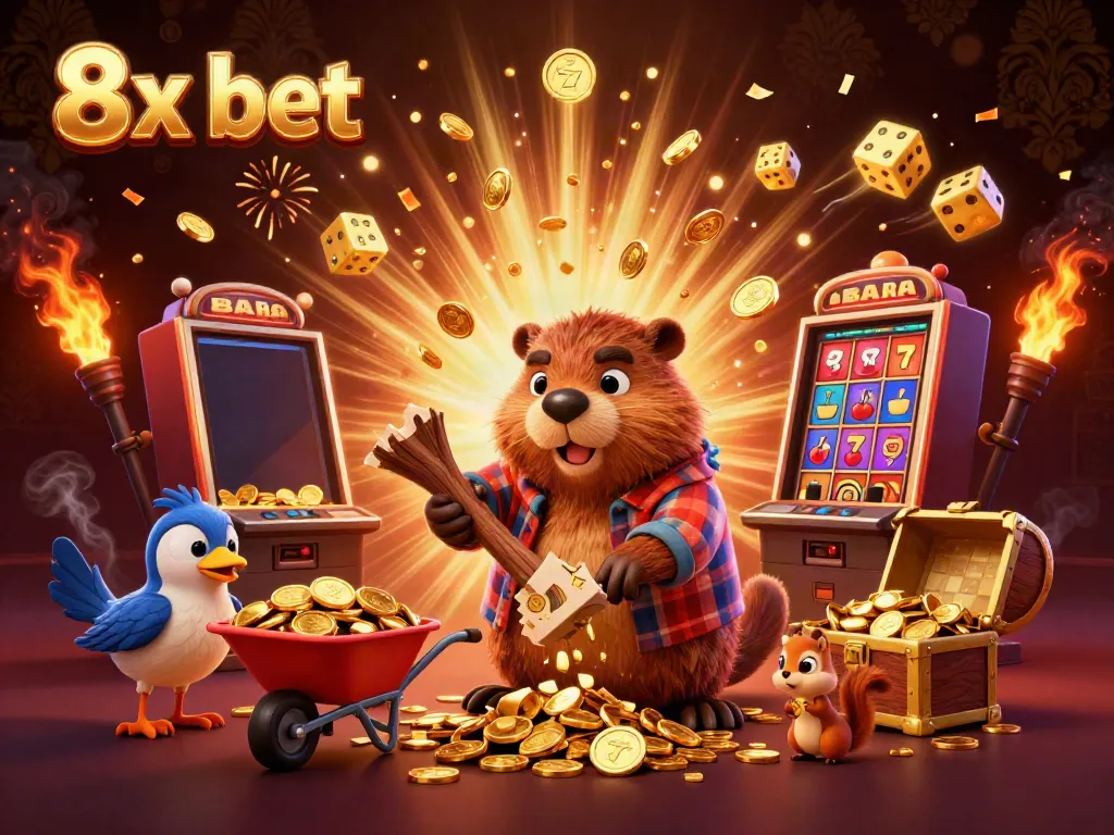 Experience thrilling wins at 8x bet with a vibrant scene of a beaver collecting gold coins in a 3D casino
