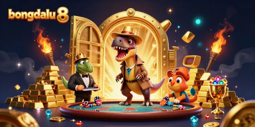Bongdalu 8 illustrates a cartoon velociraptor card counter at a blackjack table amidst gold treasures