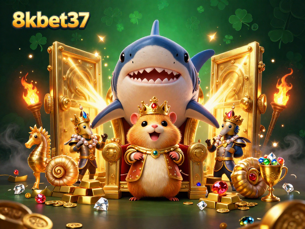 Experience the world of 8kbet37 with a golden hamster king and treasures in this vibrant casino scene.