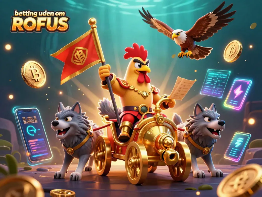 Betting uden om ROFUS showcases a vibrant 3D cartoon scene with a rooster warlord and crypto coins.