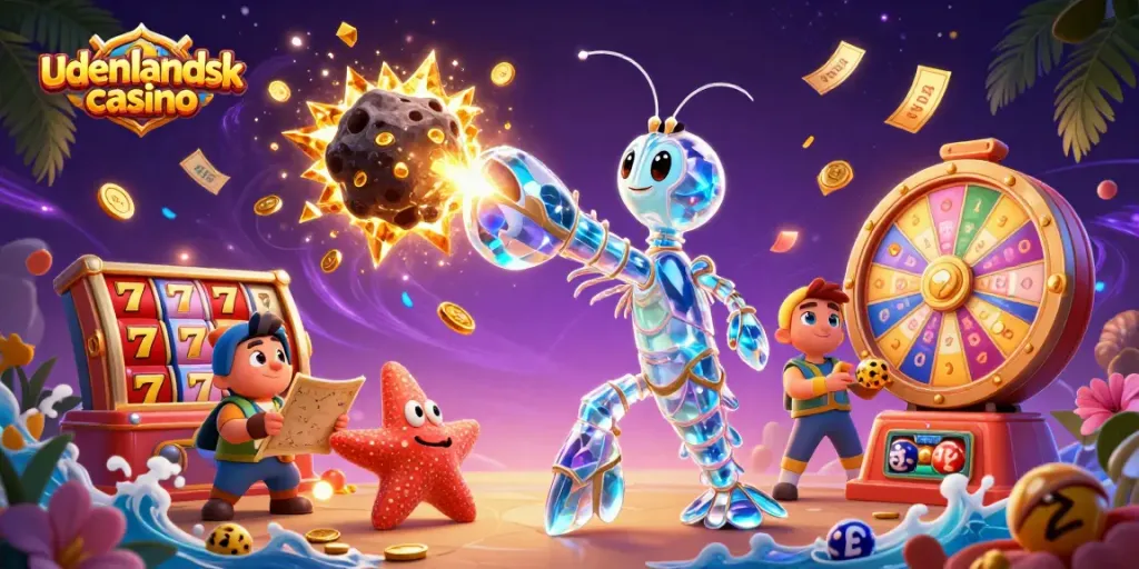 Engage with udenlandsk casino through a vibrant scene of a mantis shrimp and starfish amidst lottery and gaming elements.