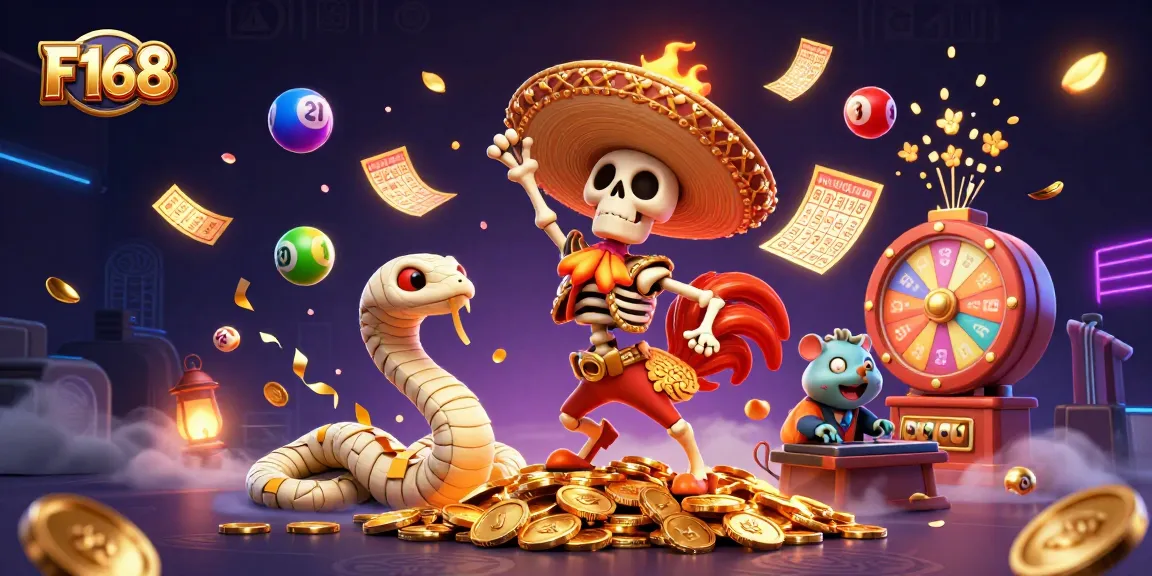 Experience vibrant F168 gaming action with a mariachi rooster and fun casino elements.