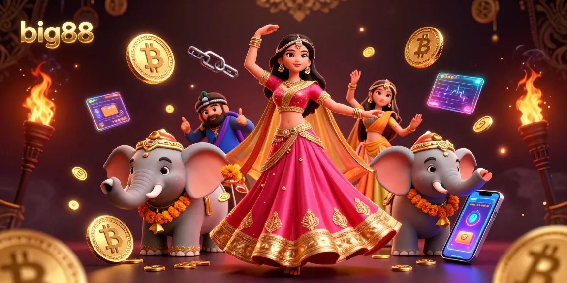 Engaging big88 digital casino scene featuring a joyful Asian woman with a bejeweled elephant, crypto coins.