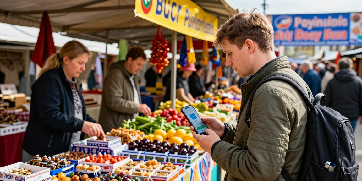 Een reiziger die de PayInRussia-app gebruikt op de lokale markt in Rusland voor gemakkelijke betalingen.