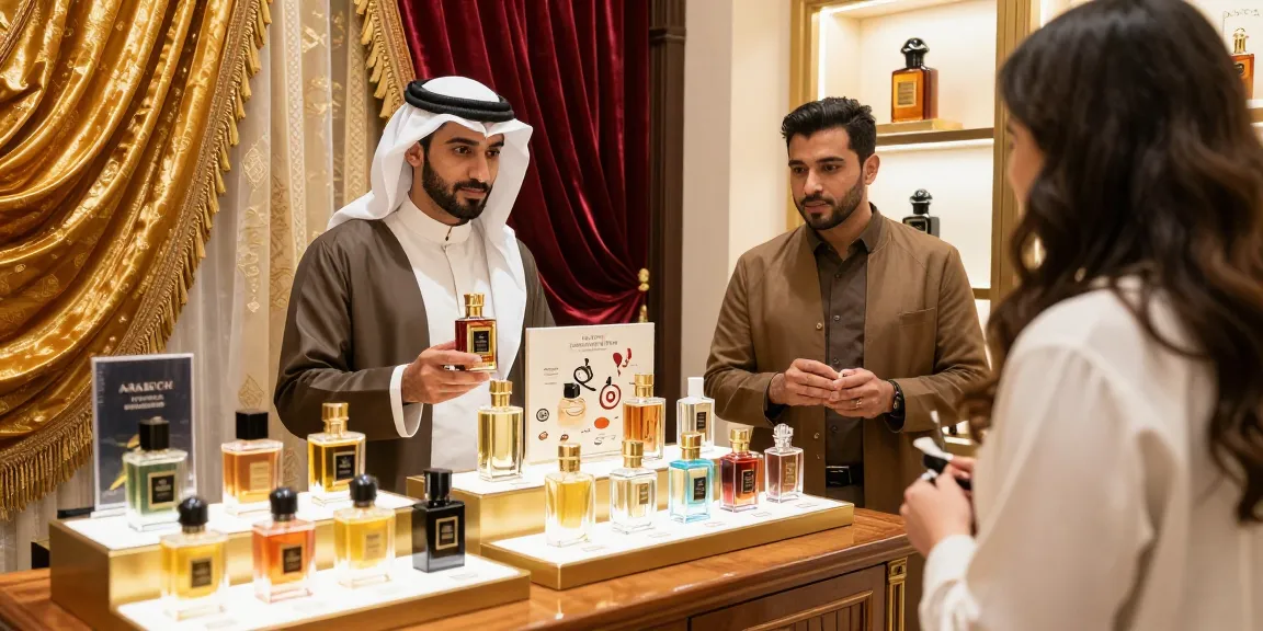 Onthulling van Arabisch parfum heren in stijlvolle winkelomgeving met luxe geurflacons.