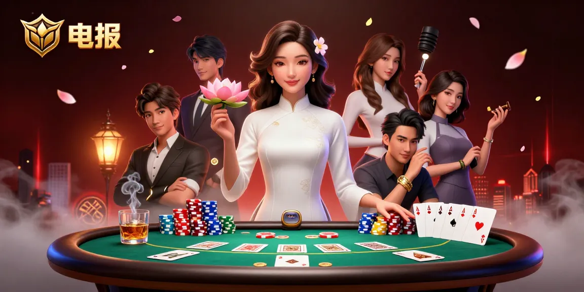 与电报一起参与令人兴奋的扑克行动,画面中是一位优雅自信的女性,周围环绕着生动的游戏元素。