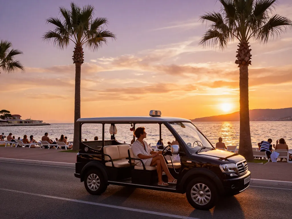 Taxi Saint-Tropez offre une expérience luxueuse en bord de mer au coucher du soleil, mettant en valeur la vie animée des plages.