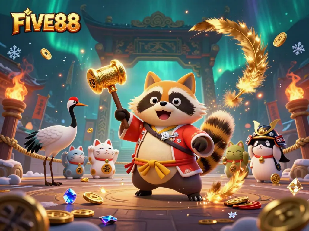 Experience the vibrant world of FIVE88 with cheerful characters celebrating luck and fortune in a rich casino scene.