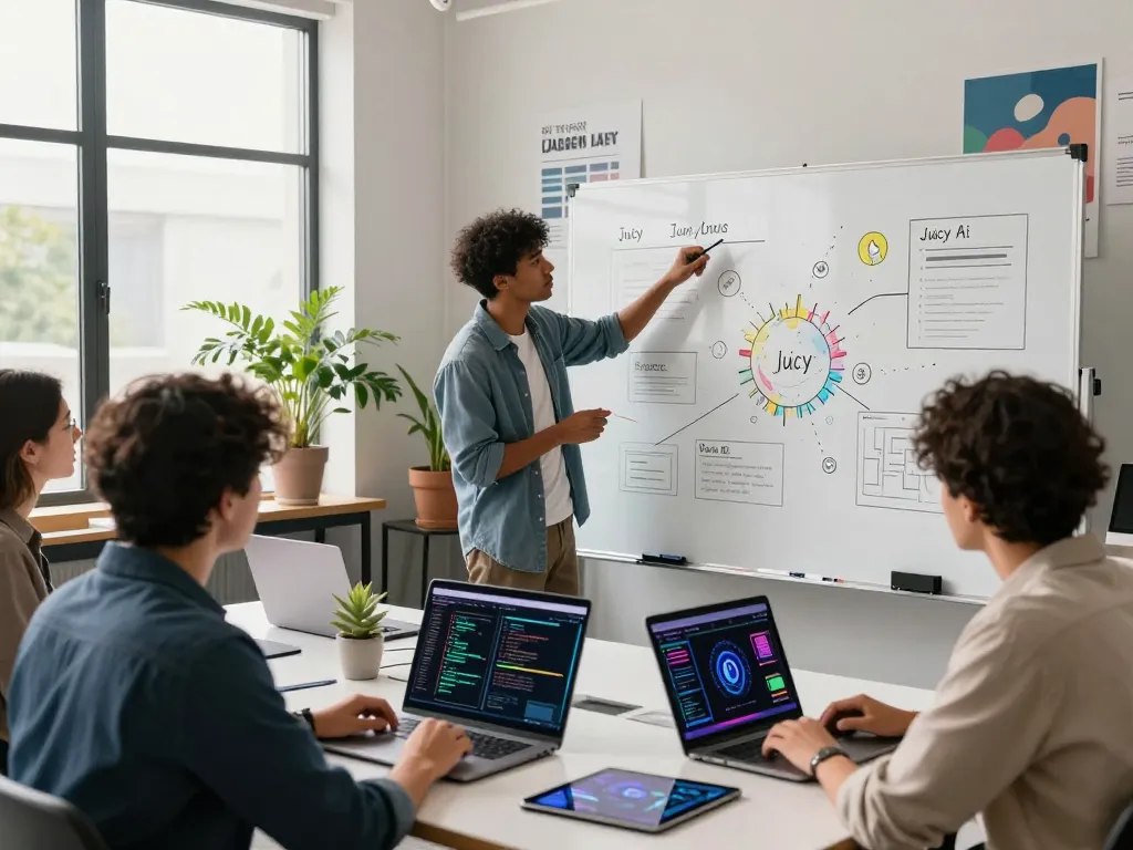 Team collaborating on juicy ai innovations in a bright tech workspace.