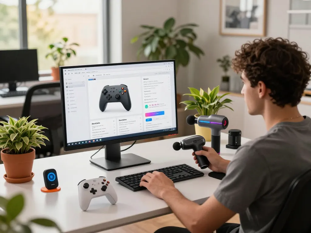 Tech enthusiast exploring must have tech gadgets in modern office with colorful environment.