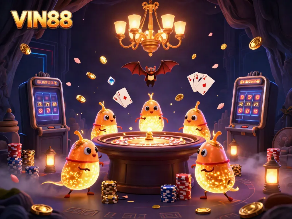 Experience the thrilling world of VIN88 casino with glowing glowworms and a bat dealer amidst vibrant games and golden treasures.
