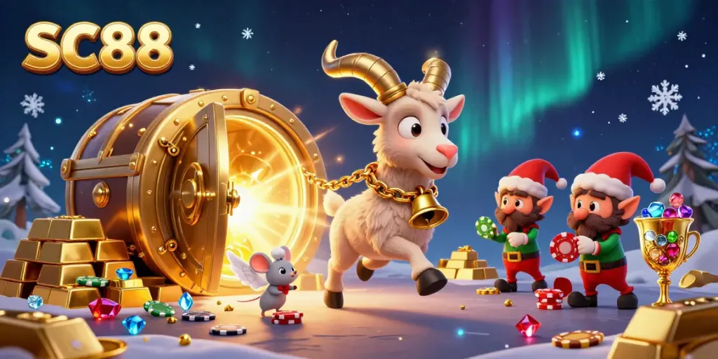 Win big at SC88's festive casino with Krampus, angel mouse, and elf gremlins amidst treasure and excitement.