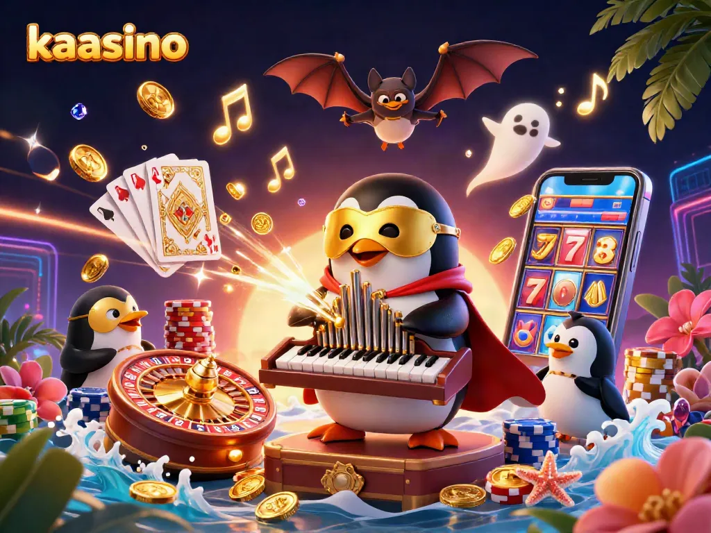 Kaasino’s vibrant gaming scene featuring a penguin pianist, golden coins flying, and vibrant slot elements