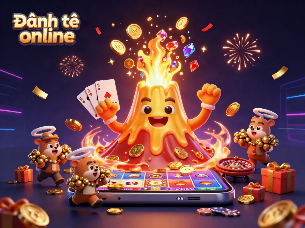 Engage in Đánh đề online with thrilling treasures and vibrant slot games overflowing from a volcano.