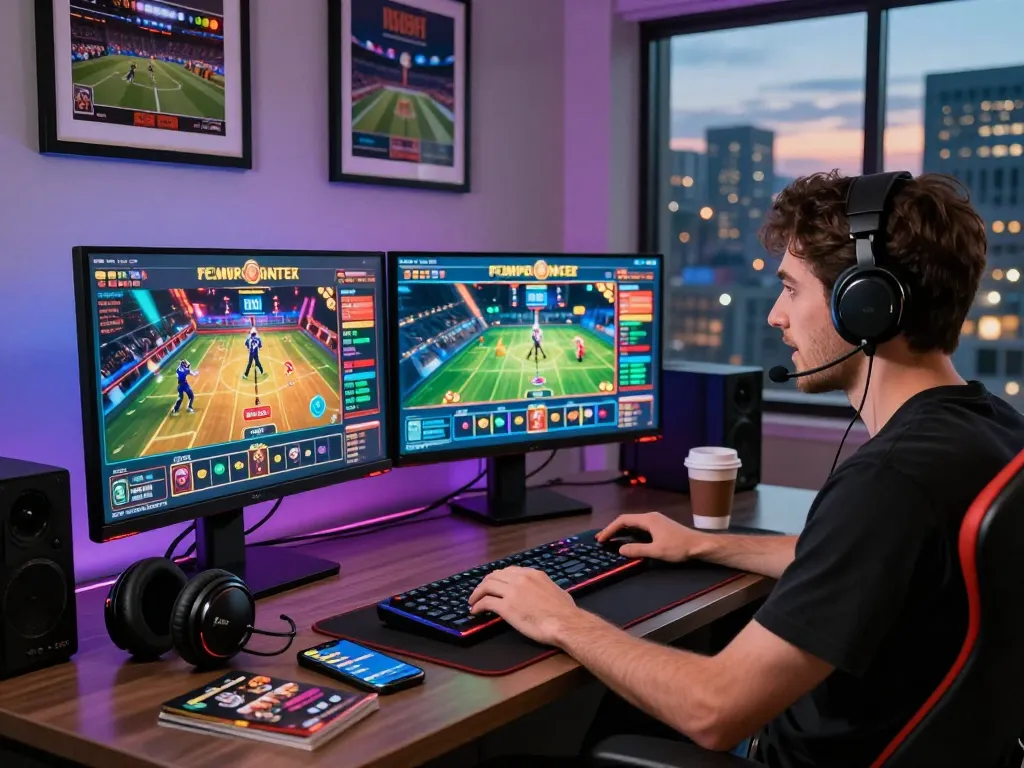 Exciting online gaming setup with MM88 branding, showcasing vibrant displays and a player engaged in betting.