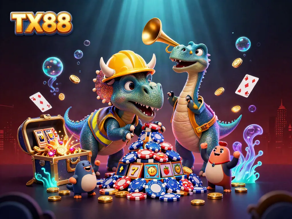 Win big at TX88 with colorful characters celebrating casino gaming, surrounded by vibrant treasure.