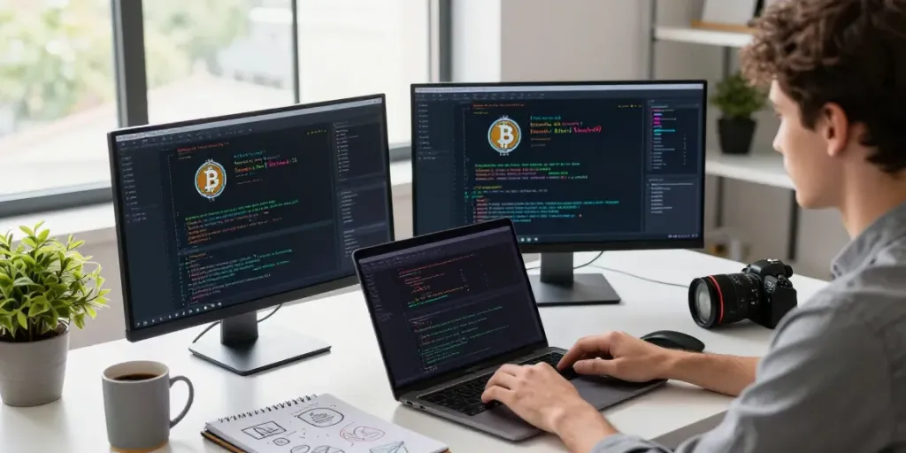 Developer coding cryptocurrency interfaces in a bright tech workspace, highlighting internet-money visuals.