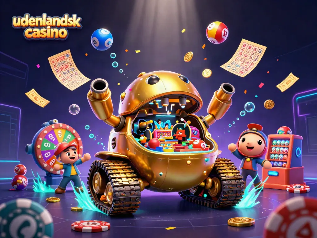 Engage in a lively scene featuring a udenlandsk casino with dynamic games and vibrant confetti.