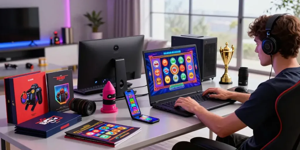 Pengalaman bermain situs gacor dengan perangkat gaming di ruang modern, menampilkan grafis menarik dan barang-barang terkait.
