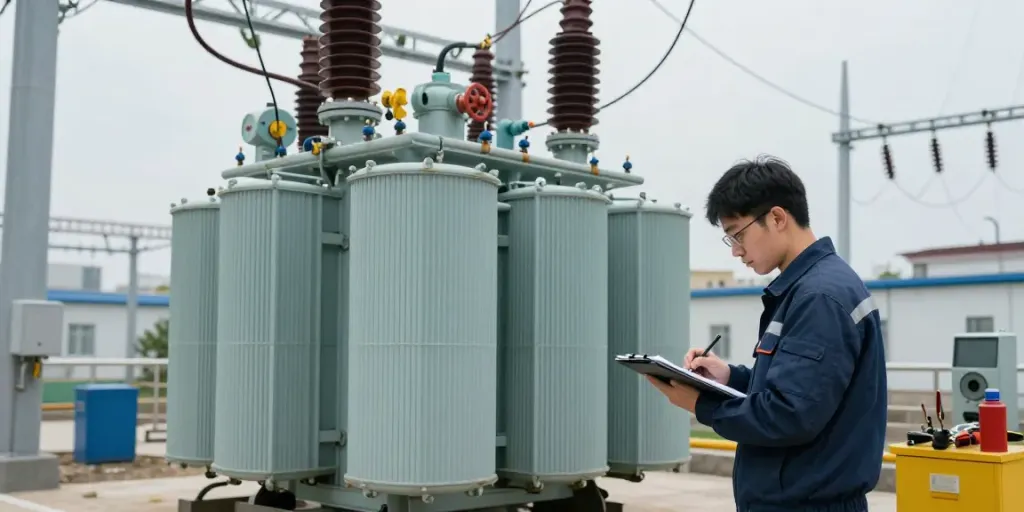 Technicus inspecteert een olie-gevulde transformator in een energie distributie-installatie.