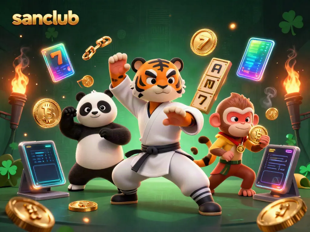 Engage with sanclub's thrilling gaming scene featuring kung fu tiger master amidst slot reels and gold coins.