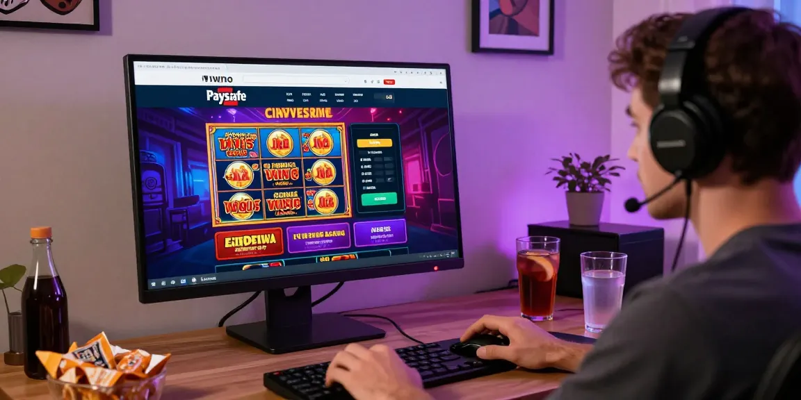 Spannendes Paysafe Card Casino Spielerlebnis mit einem engagierten Spieler am Computer und bunten Spielgrafiken.