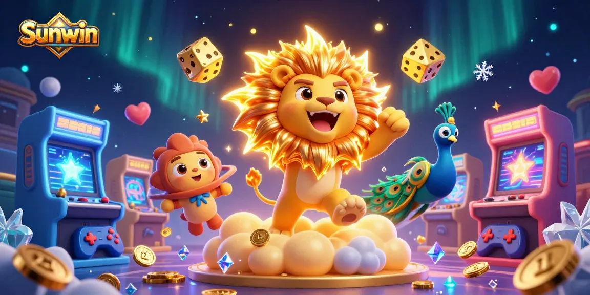 Experience thrilling wins at Sunwin with colorful gaming elements and lion mascot amidst cosmic fun.