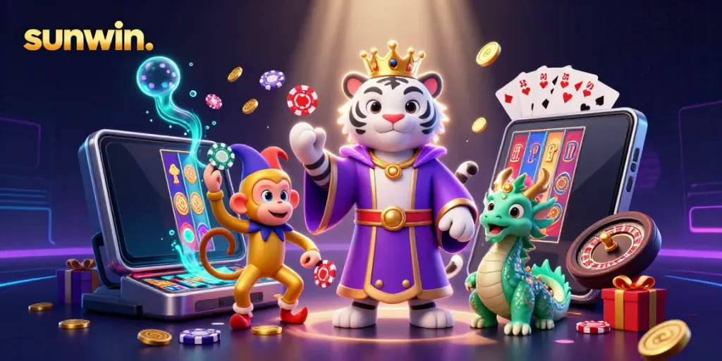 Experience thrilling gameplay at sunwin. with a 3D tiger, monkey, and dragon amidst vibrant casino elements.