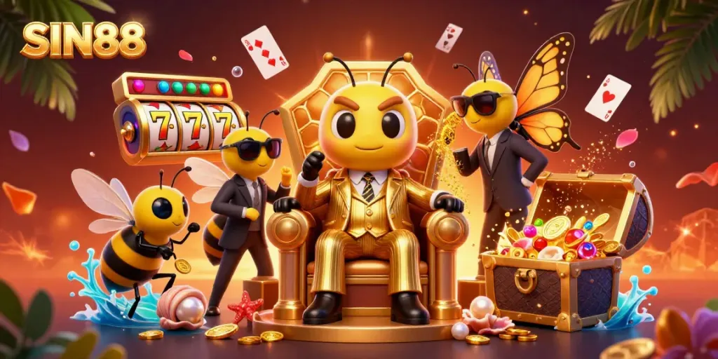 SIN88 promotional illustration featuring a bumblebee mob boss with lively casino elements and vibrant colors.