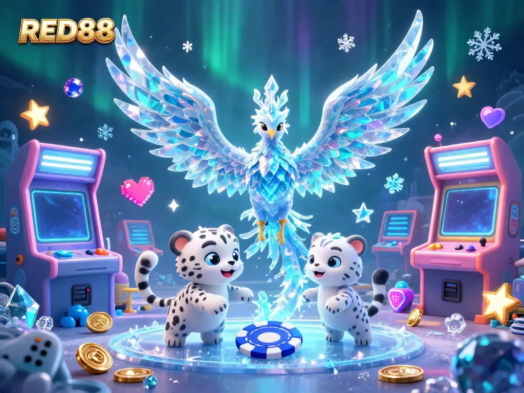 Engage in the enchanting world of RED88, where a mythical phoenix, a snow leopard, and ice sprites bring gaming adventures alive.