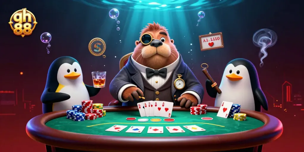 Engage in poker excitement with qh 88 featuring a walrus, penguin dealer, and bluffing pufferfish.